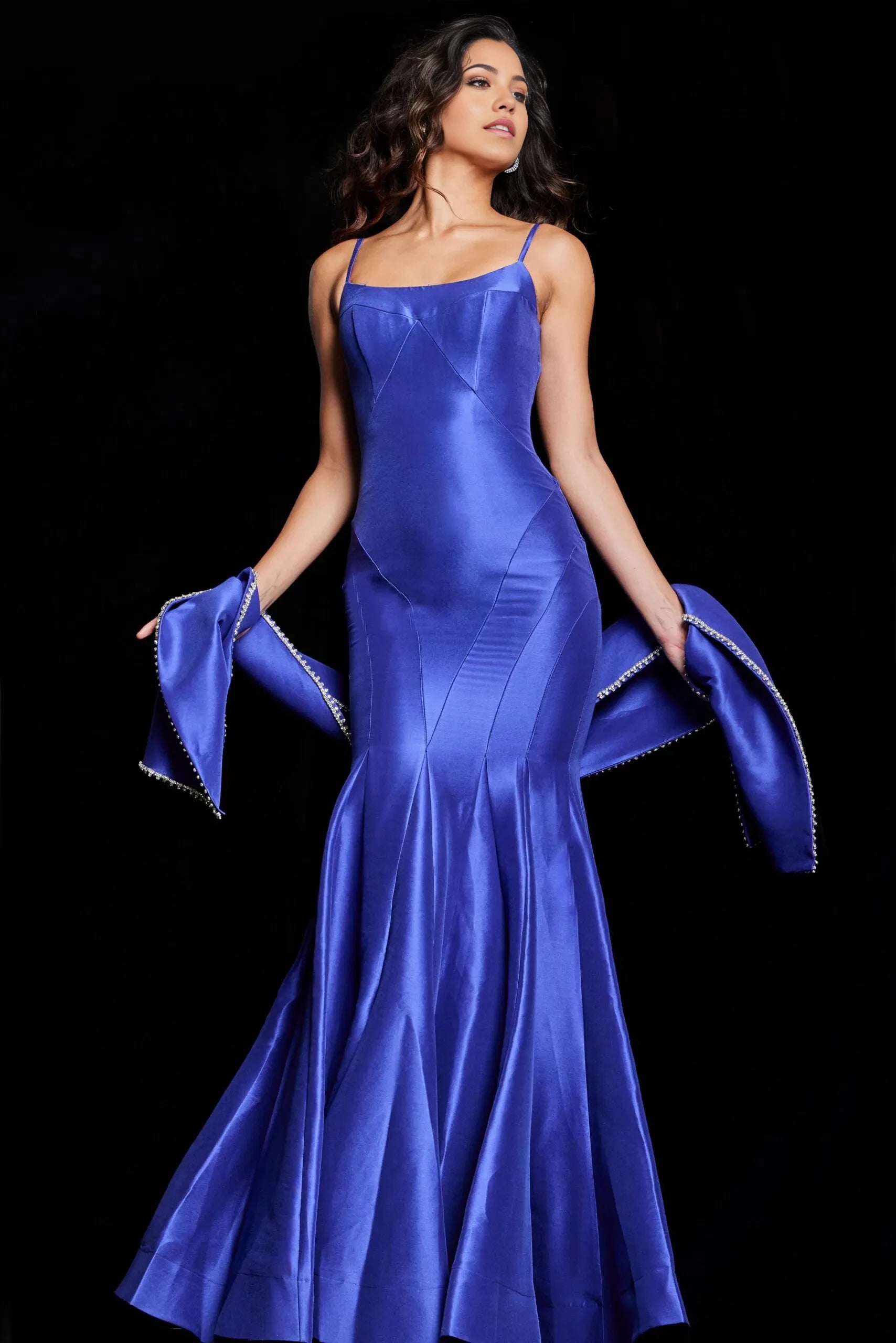Glamorous Mermaid Spaghetti-Strap Beaded-Trim Capelet Long Length Evening Dresses