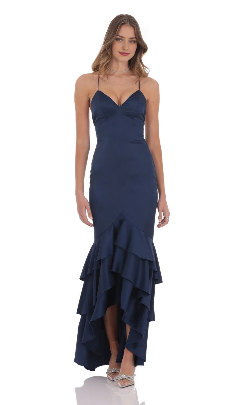 Glamorous Mermaid Spaghetti-Strap Bow-Back Ruffled Floor Length Prom Dresses