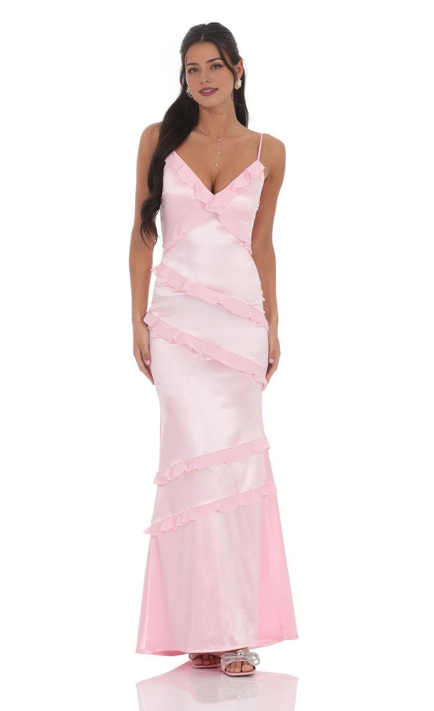 Glamorous Mermaid Spaghetti-Strap Ruffled V-Neck Floor Length Prom Dresses
