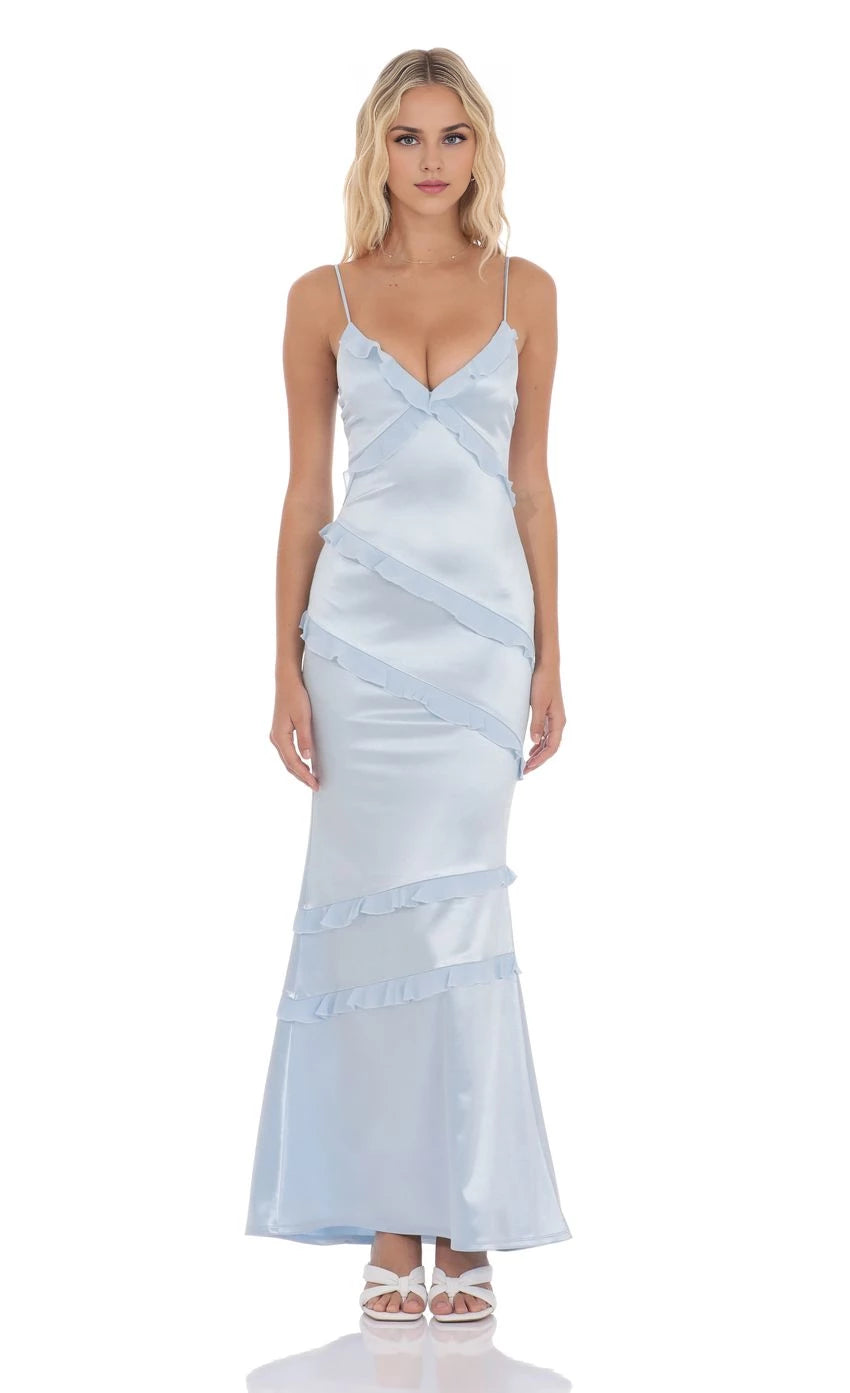 Glamorous Mermaid Spaghetti-Strap Ruffled V-Neck Floor Length Prom Dresses