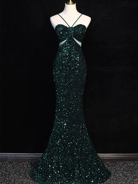 Glamorous Mermaid Spaghetti-Strap Sequin-Cutout Back Train Length Evening Dresses