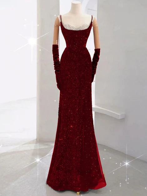 Glamorous Mermaid Spaghetti-Strap Sequin-Embellished Bow-Back Floor-Length Evening Dresses