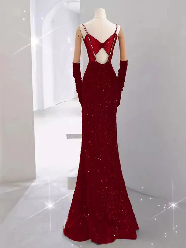 Glamorous Mermaid Spaghetti-Strap Sequin-Embellished Bow-Back Floor-Length Evening Dresses