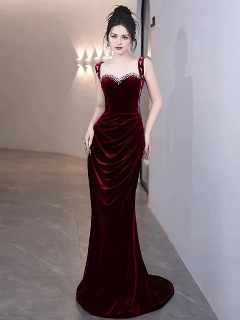 Glamorous Mermaid Spaghetti-Strap Velvet Crystal-Accent Back-Zip Train Length Evening Dresses
