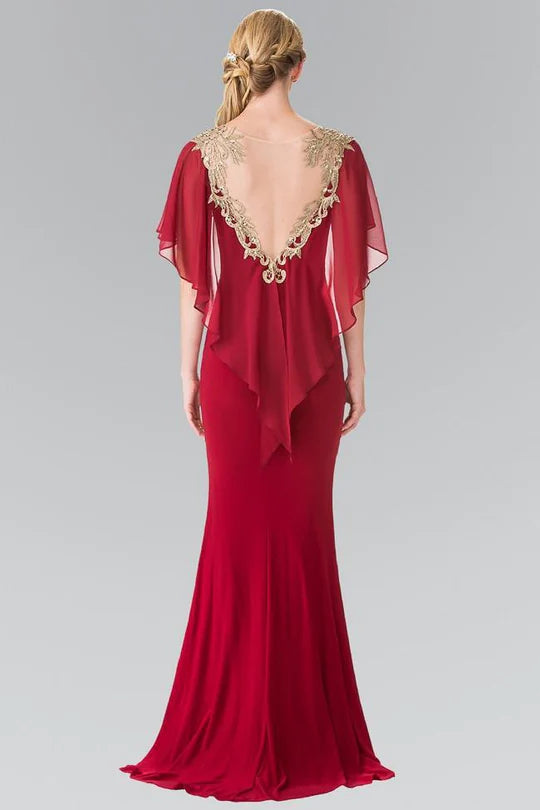 Glamorous Mermaid Square-Neck Cape-Sleeve Open-Back Burgundy Gold-Embellished Chiffon Floor-Length Mother of the Bride Dresses