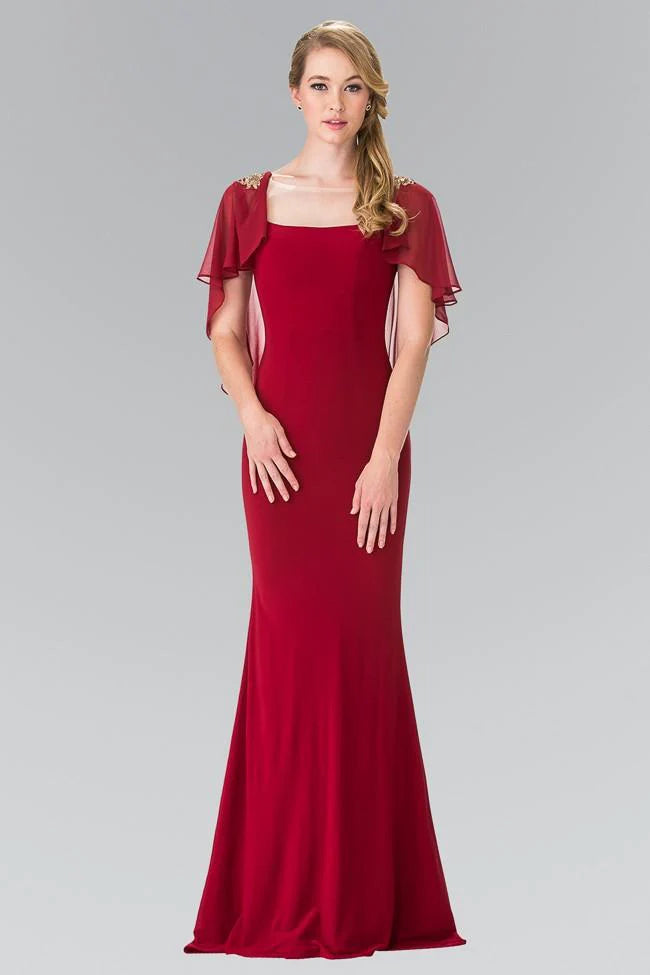 Glamorous Mermaid Square-Neck Cape-Sleeve Open-Back Burgundy Gold-Embellished Chiffon Floor-Length Mother of the Bride Dresses