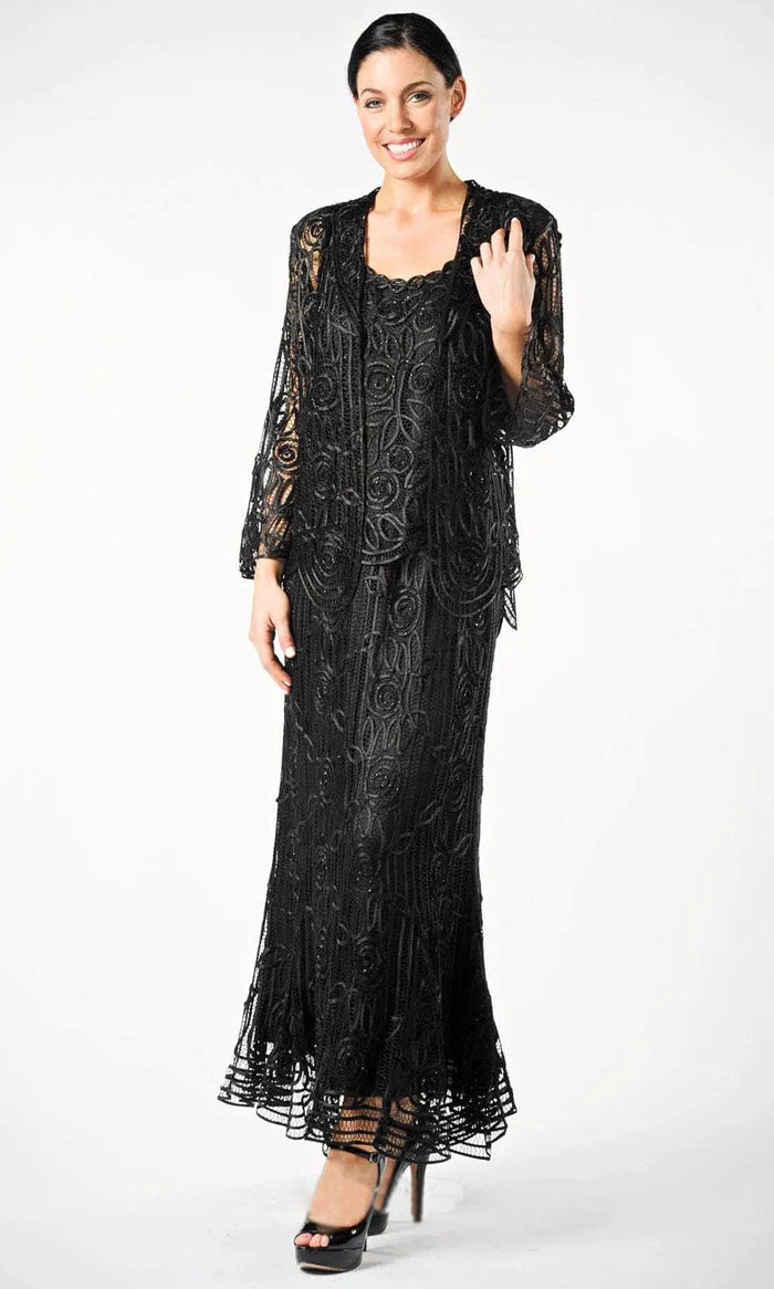 Glamorous Mermaid Square-Neck Long-Sleeve Two-Piece Black Beaded-Lace Floor-Length Mother of the Bride Dresses