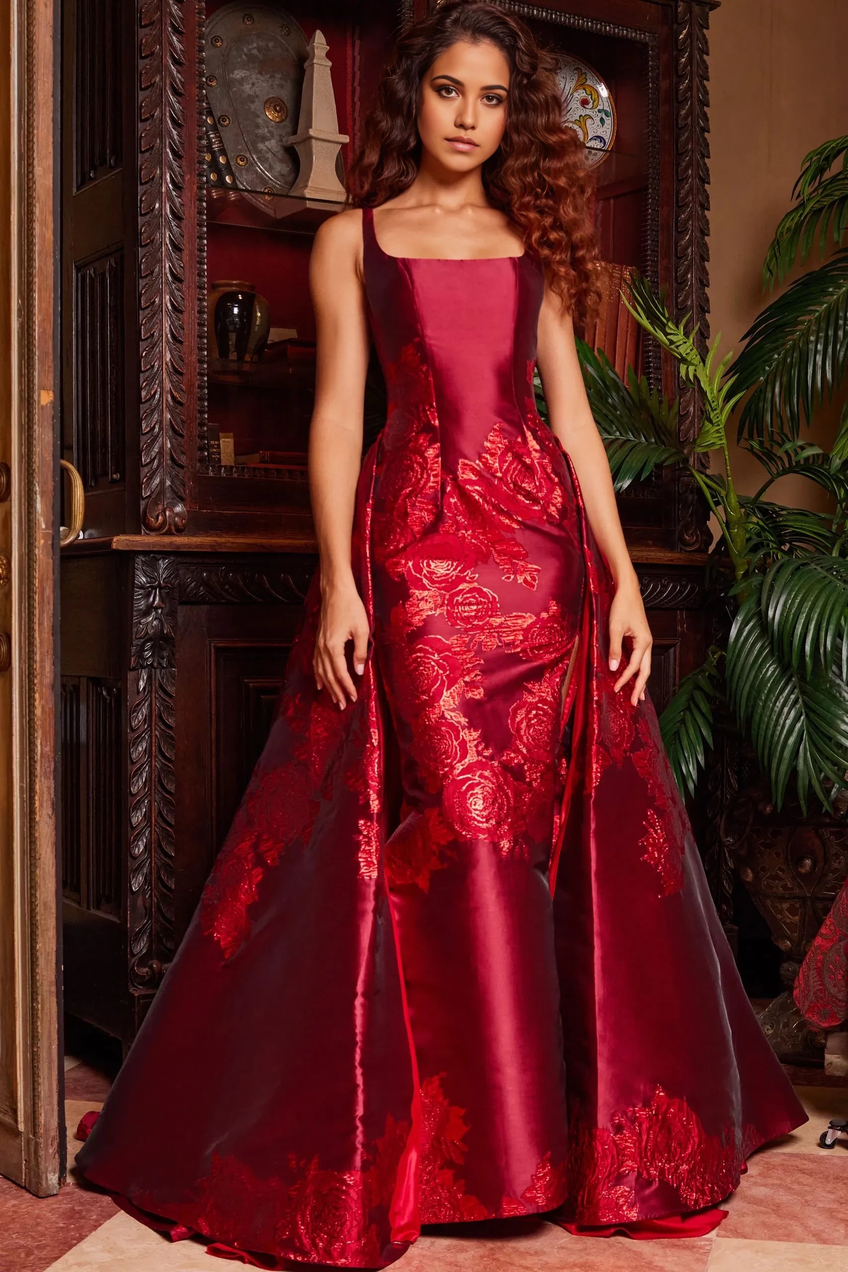 Glamorous Mermaid Square-Neck Metallic-Floral Overlay High-Slit Long Length Evening Dresses