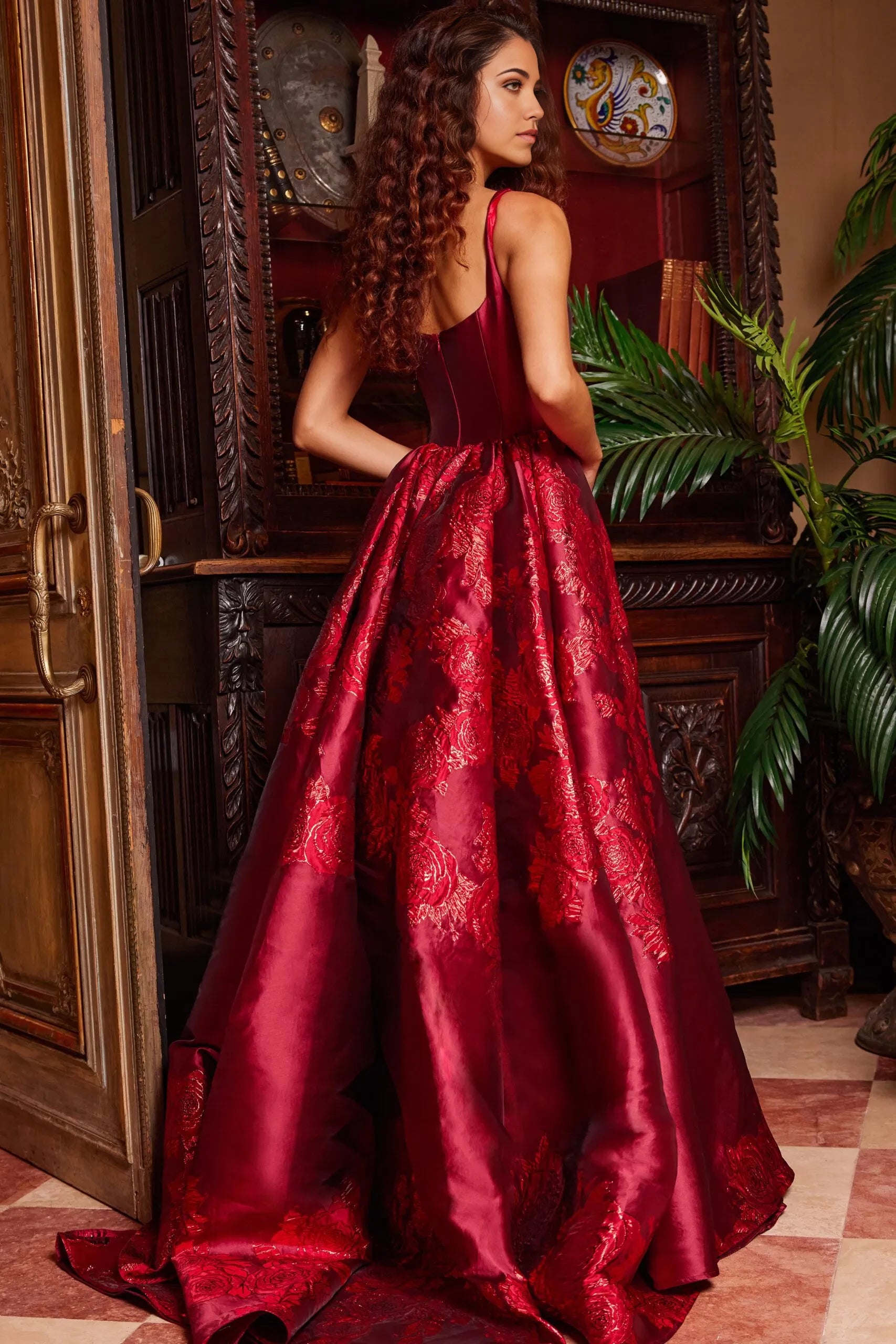Glamorous Mermaid Square-Neck Metallic-Floral Overlay High-Slit Long Length Evening Dresses
