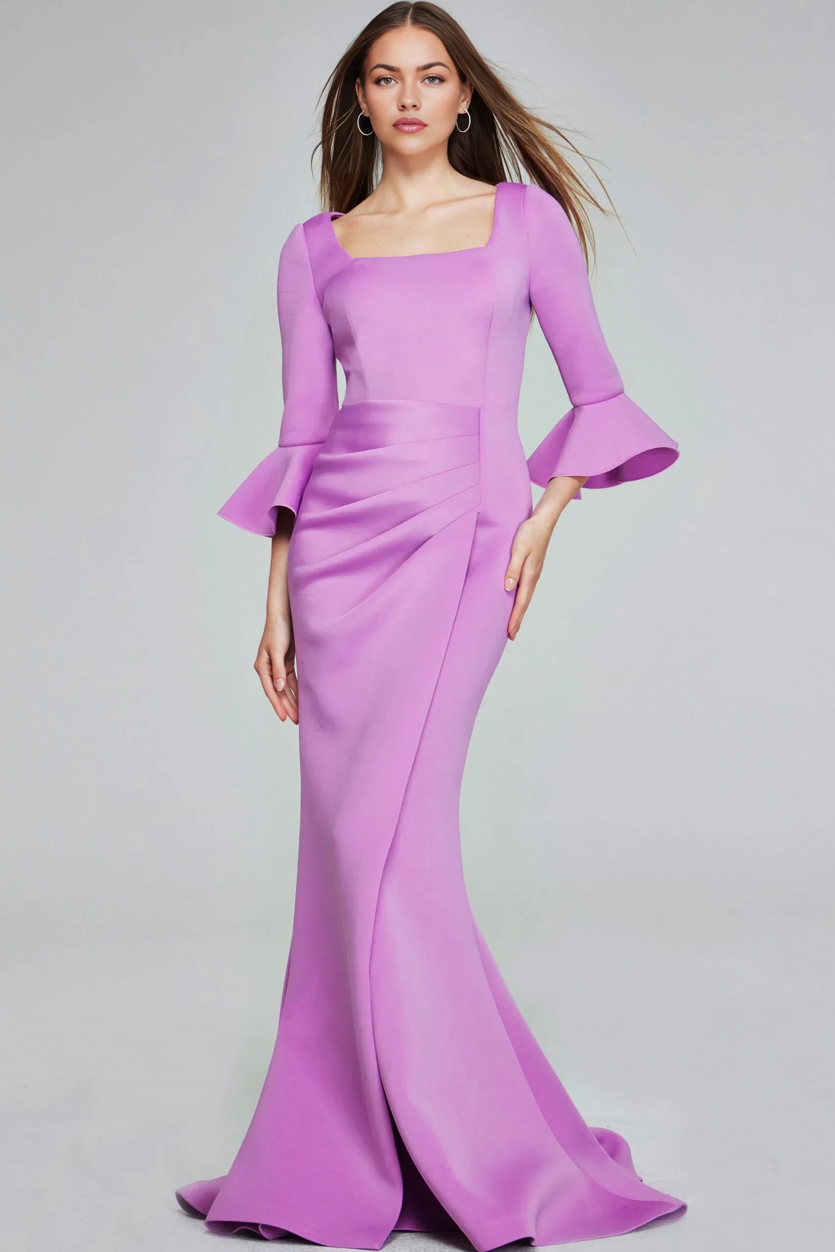 Glamorous Mermaid Square-Neck Ruffled-Bell-Sleeve Ruched-Bodice Long Length Evening Dresses