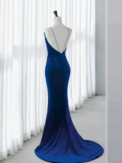Glamorous Mermaid Square-Neck Satin Crystal-Strap Open-Back Train Length Evening Dresses