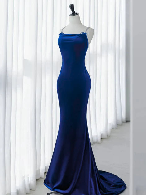 Glamorous Mermaid Square-Neck Satin Crystal-Strap Open-Back Train Length Evening Dresses