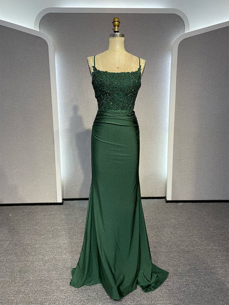 Glamorous Mermaid Square-Neck Satin Lace-Overlay Spaghetti-Strap Cross-Back Train Length Evening Dresses