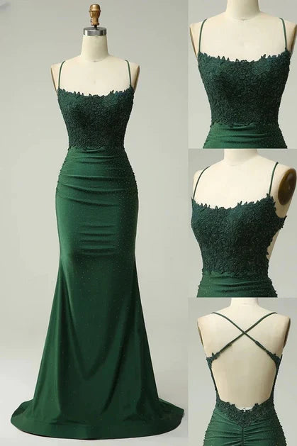 Glamorous Mermaid Square-Neck Satin Lace-Overlay Spaghetti-Strap Cross-Back Train Length Evening Dresses