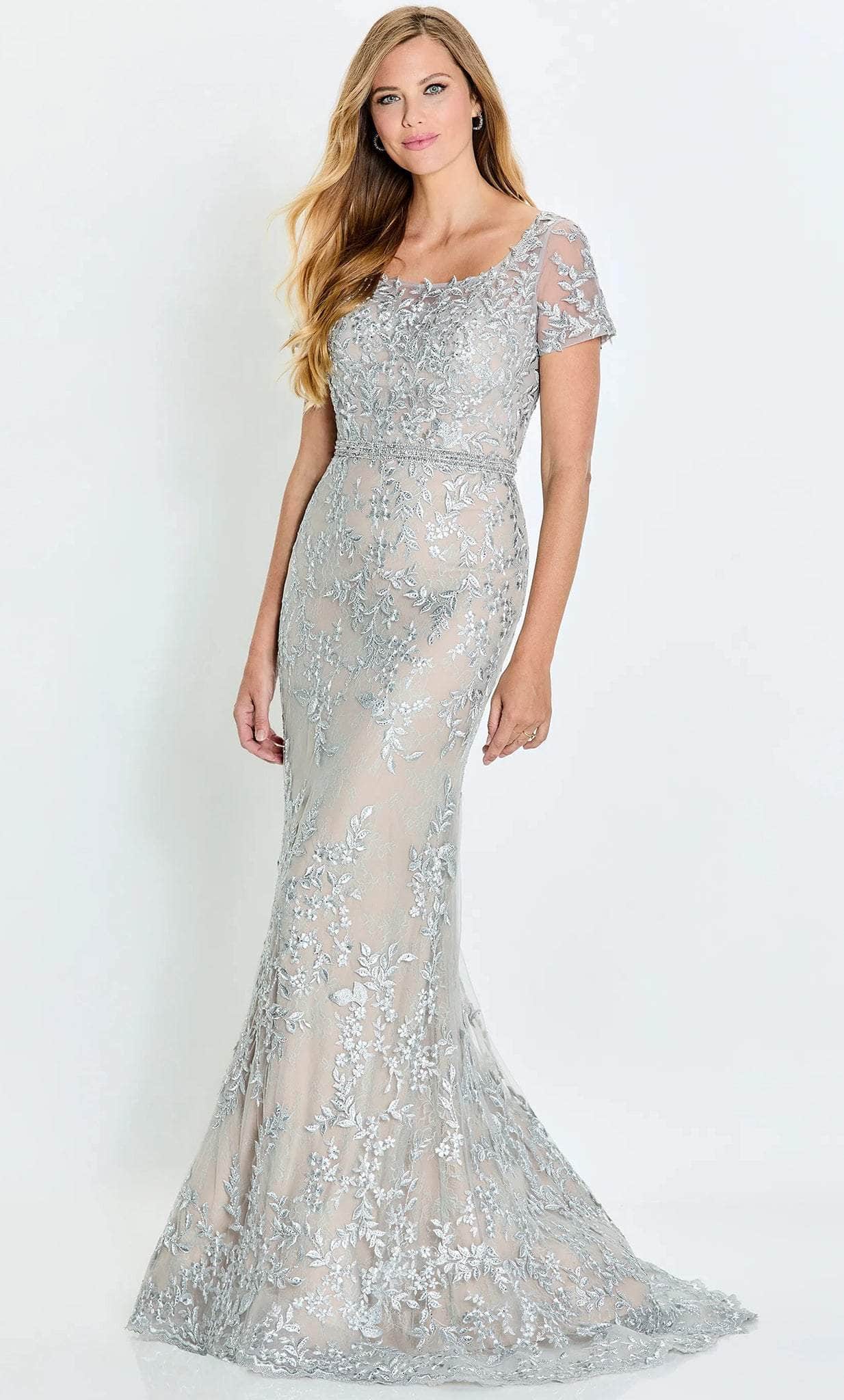 Glamorous Mermaid Square-Neck Sheer-Silver-Embroidery-Back Champagne Tulle Floor-Length Mother of the Bride Dresses