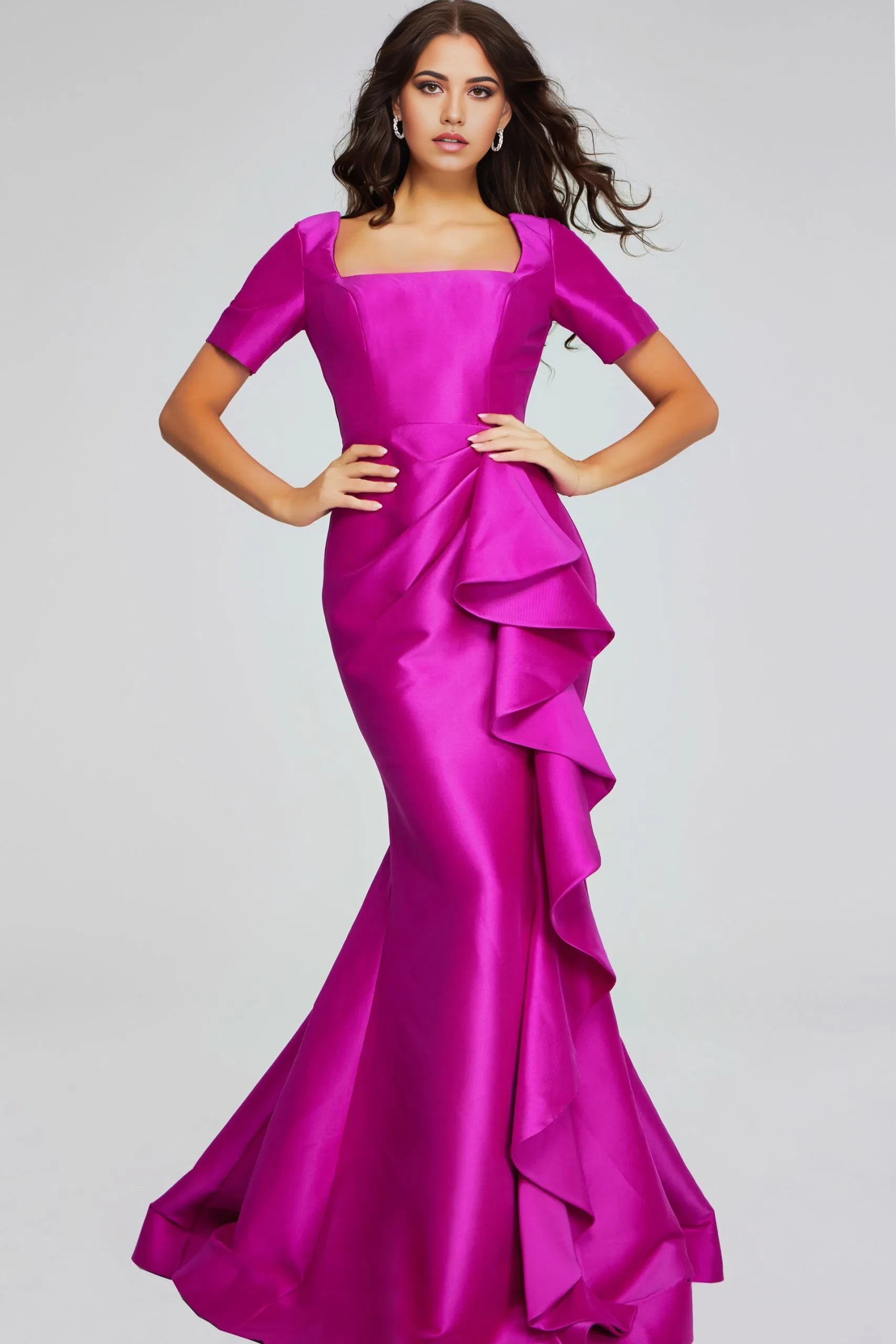 Glamorous Mermaid Square Neck Short-Sleeve Ruffle-Satin Long Length Evening Dresses