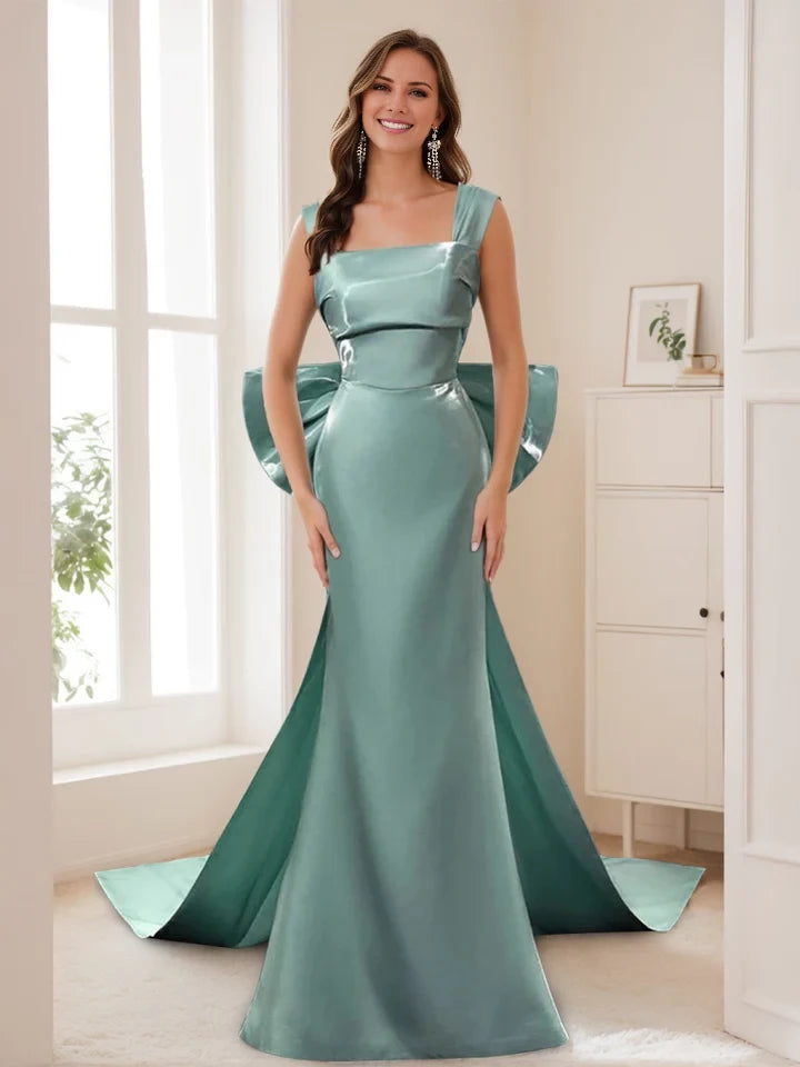 Glamorous Mermaid Square Neck Sleeveless Bow Back Long Length Prom Dresses