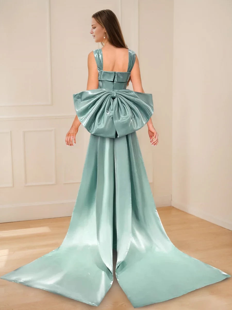 Glamorous Mermaid Square Neck Sleeveless Bow Back Long Length Prom Dresses