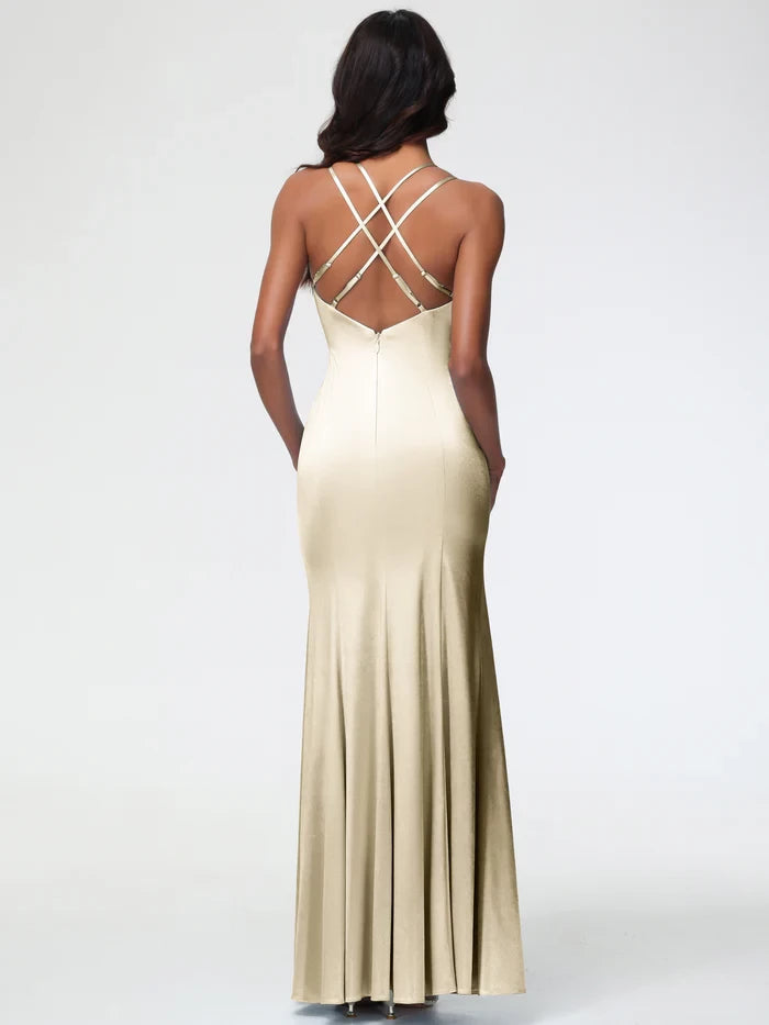 Glamorous Mermaid Square Neck Sleeveless Crisscross Back Long Length Prom Dresses