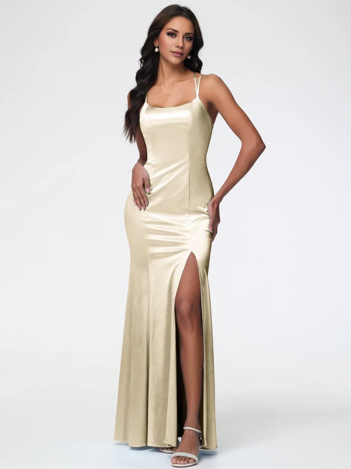Glamorous Mermaid Square Neck Sleeveless Crisscross Back Long Length Prom Dresses