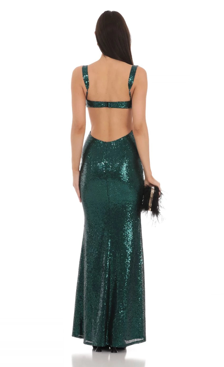 Glamorous Mermaid Square-Neck Sleeveless Cut-Out Sequin Floor Length Prom Dresses