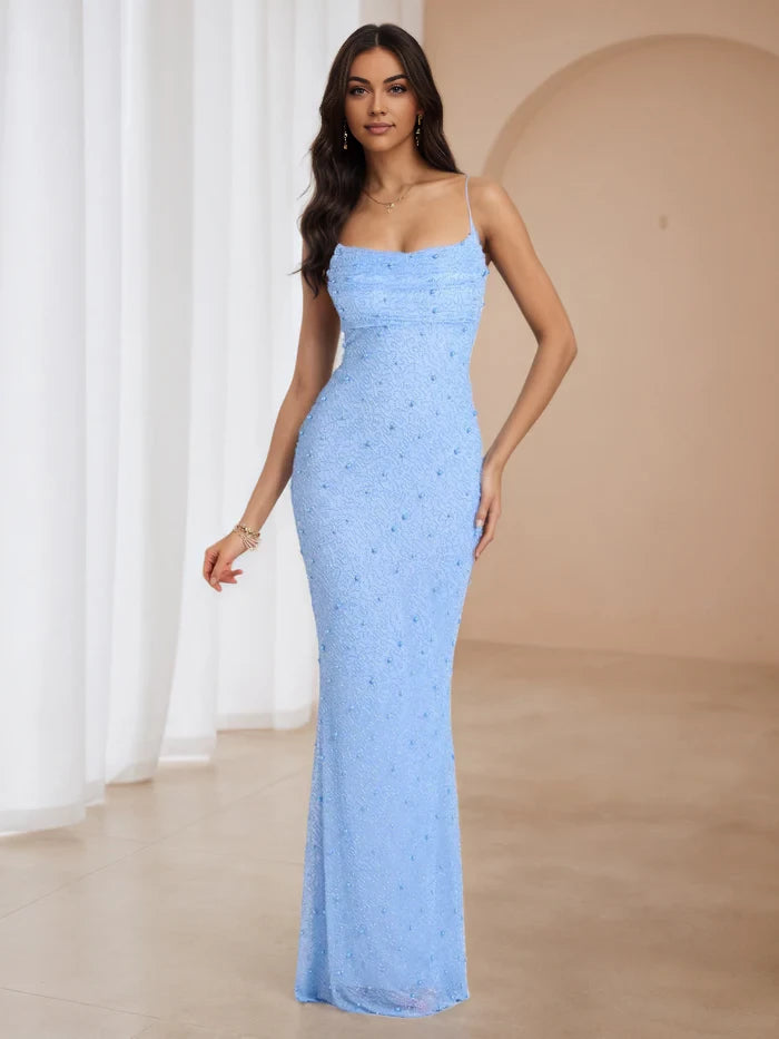Glamorous Mermaid Square Neck Sleeveless Lace - Up Back Floor Length Prom Dresses