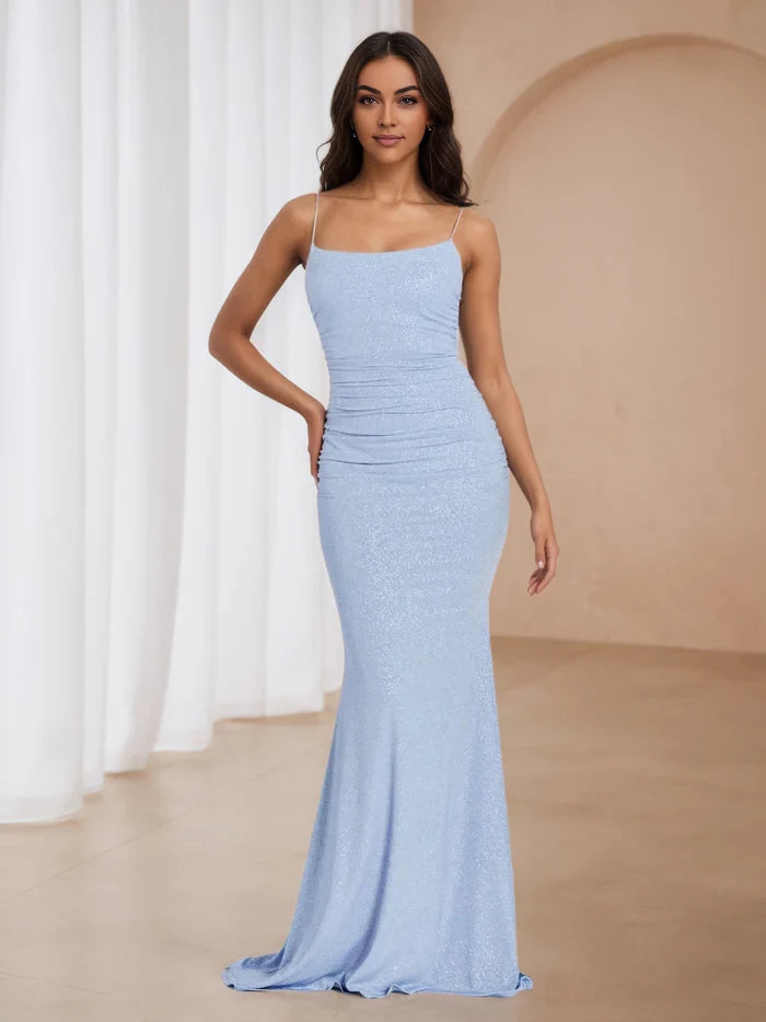 Glamorous Mermaid Square Neck Sleeveless Open Back Floor Length Prom Dresses