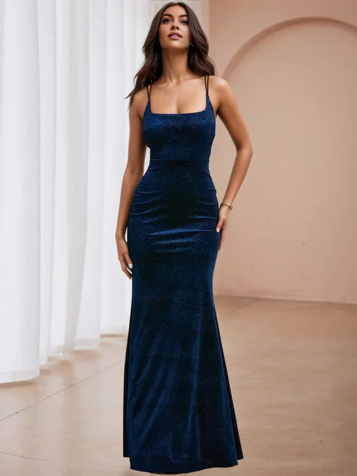 Glamorous Mermaid Square Neck Spaghetti Strap Criss - Cross Back Long Length Prom Dresses