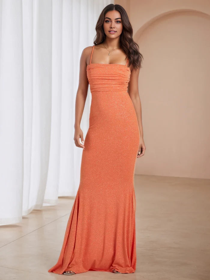 Glamorous Mermaid Square Neck Spaghetti Strap Lace - Up Back Long Length Prom Dresses