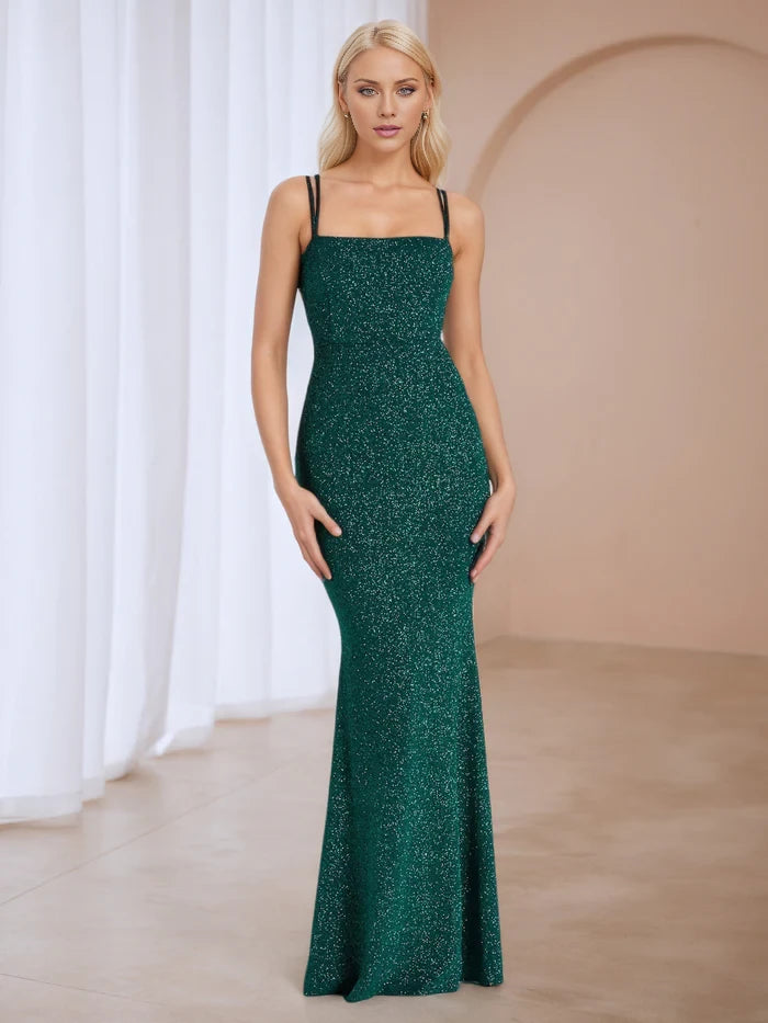 Glamorous Mermaid Square Neck Spaghetti Strap Lace - Up Back Long Length Prom Dresses