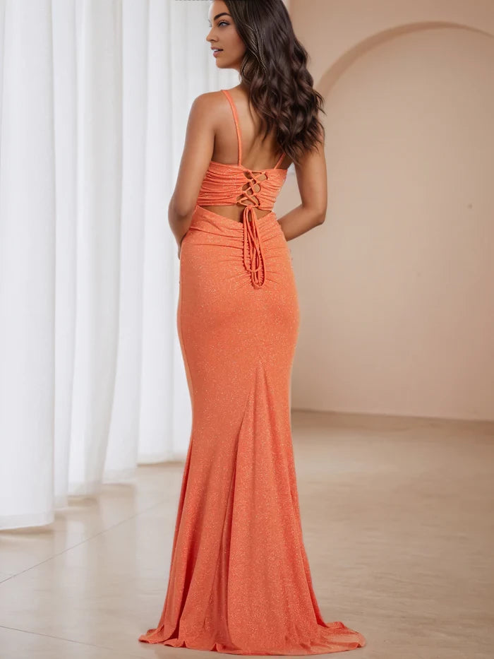 Glamorous Mermaid Square Neck Spaghetti Strap Lace - Up Back Long Length Prom Dresses