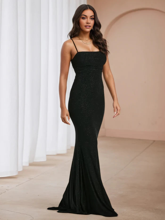 Glamorous Mermaid Square Neck Spaghetti Strap Lace - Up Back Long Length Prom Dresses