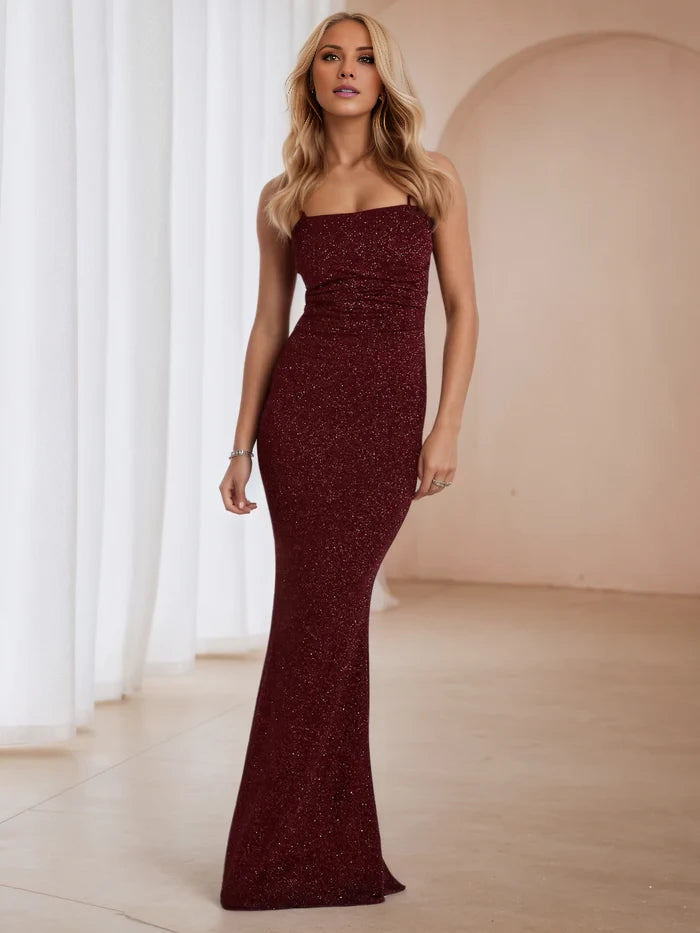 Glamorous Mermaid Square Neck Spaghetti Strap Open Back Long Length Prom Dresses