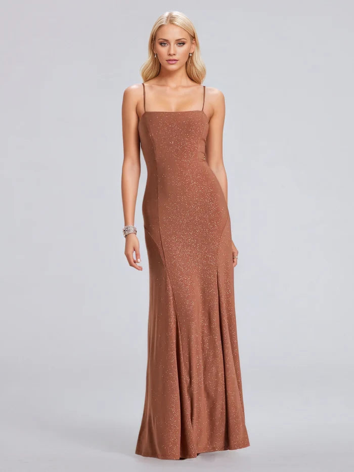 Glamorous Mermaid Square Neck Spaghetti Strap Open Back Long Length Prom Dresses