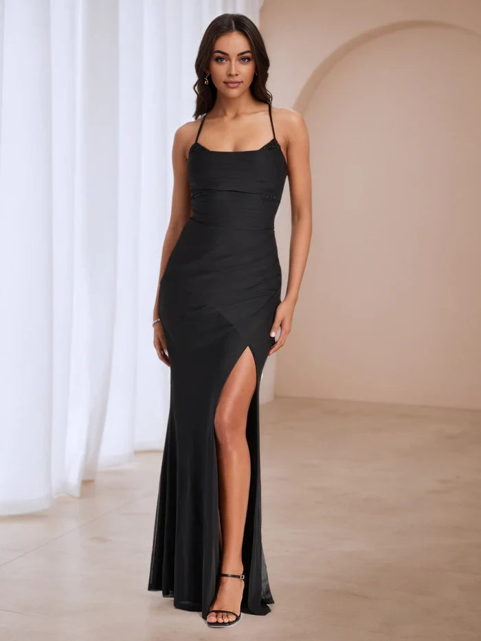 Glamorous Mermaid Square Neck Spaghetti Strap Zipper Back Long Length Prom Dresses