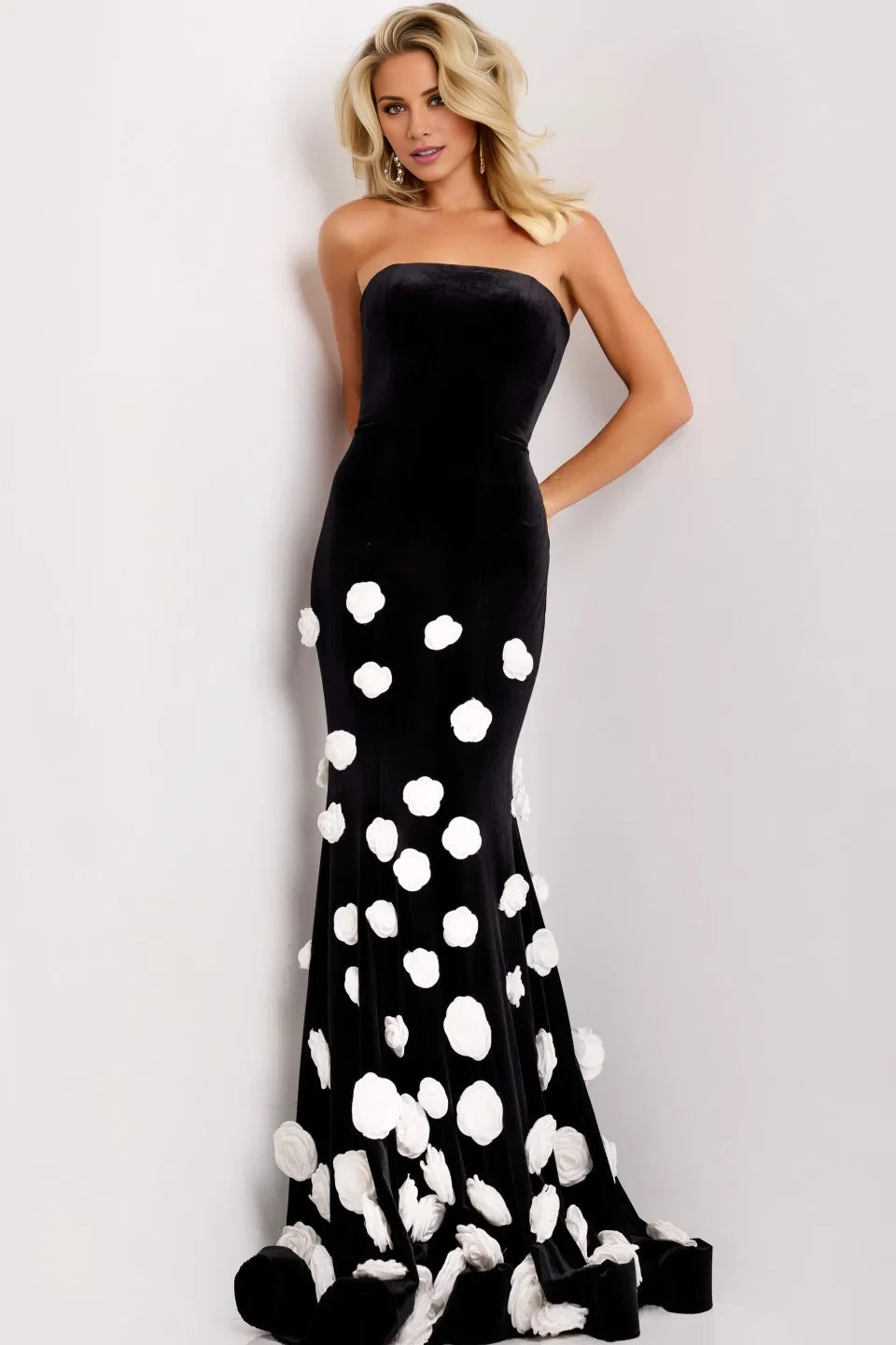Glamorous Mermaid Strapless 3D Floral-Polka-Dot Open-Back Long Length Evening Dresses