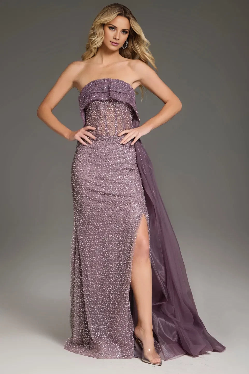 Glamorous Mermaid Strapless Beaded-Accent High-Slit Draped-Train Long Length Evening Dresses