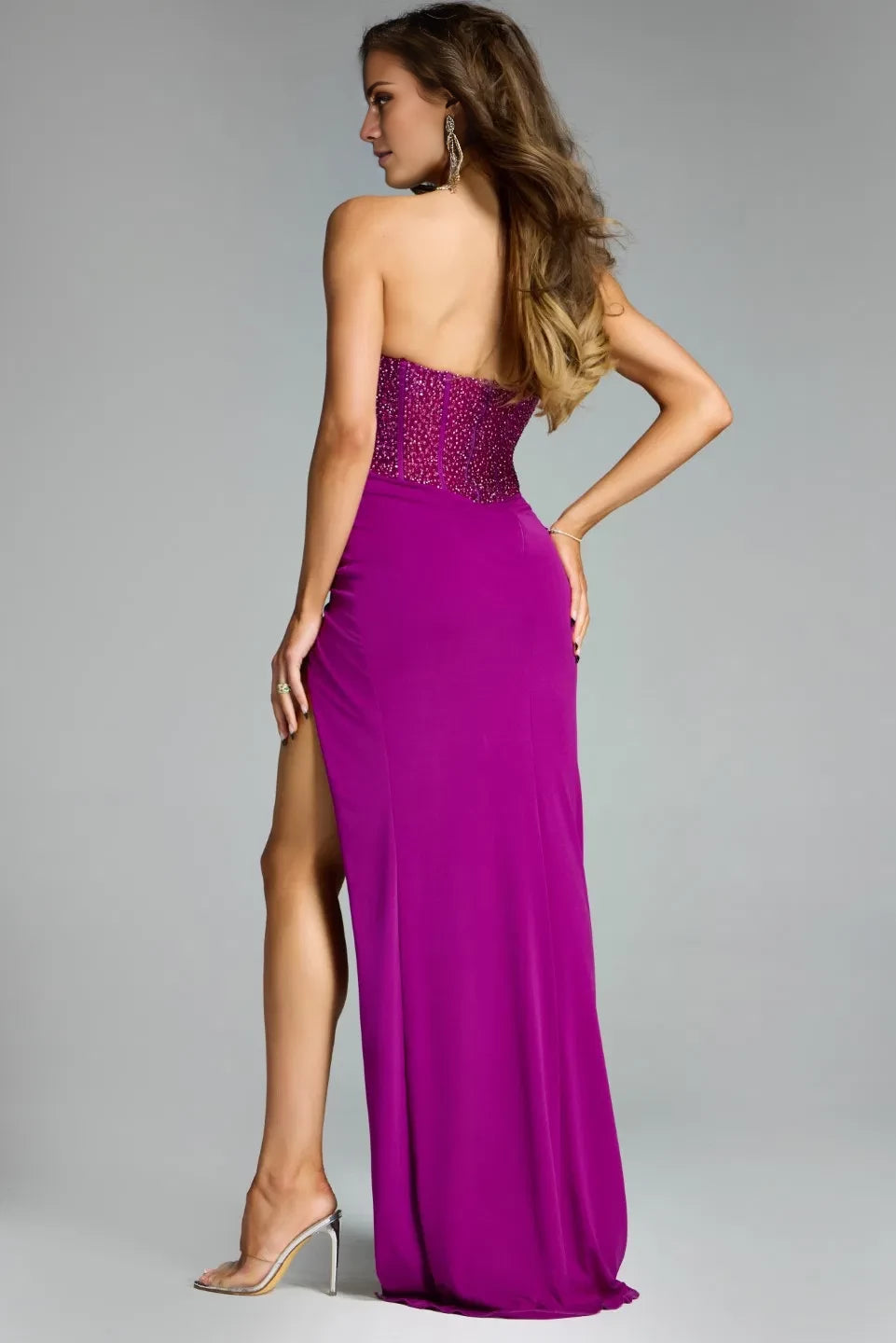 Glamorous Mermaid Strapless Beaded-Accent High-Slit Open-Back Long Length Evening Dresses