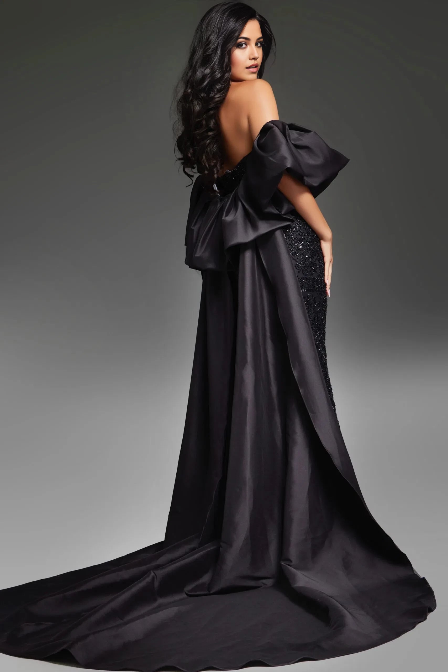 Glamorous Mermaid Strapless Beaded-Bodice Oversized-Bow-Cape Long Length Evening Dresses