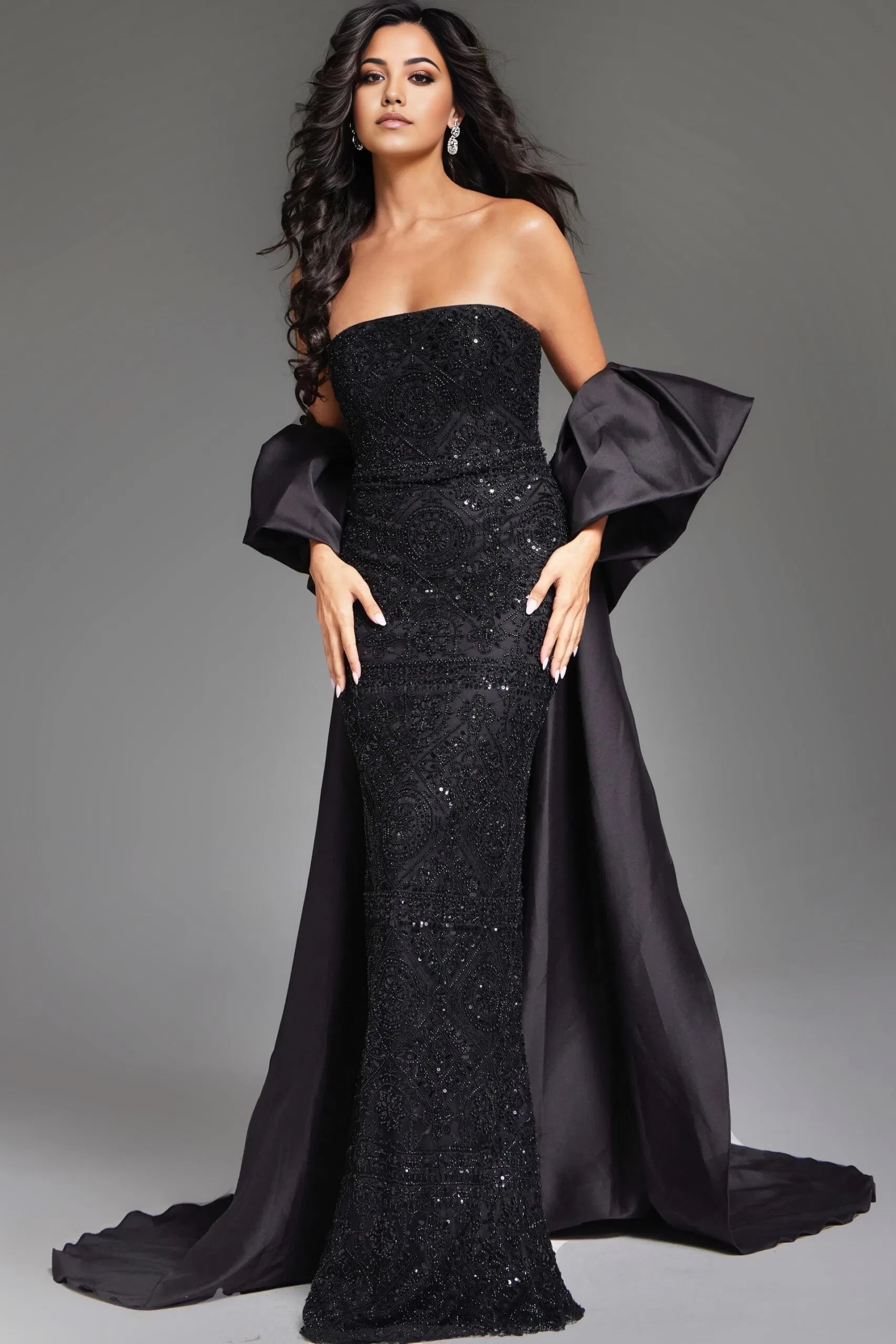Glamorous Mermaid Strapless Beaded-Bodice Oversized-Bow-Cape Long Length Evening Dresses