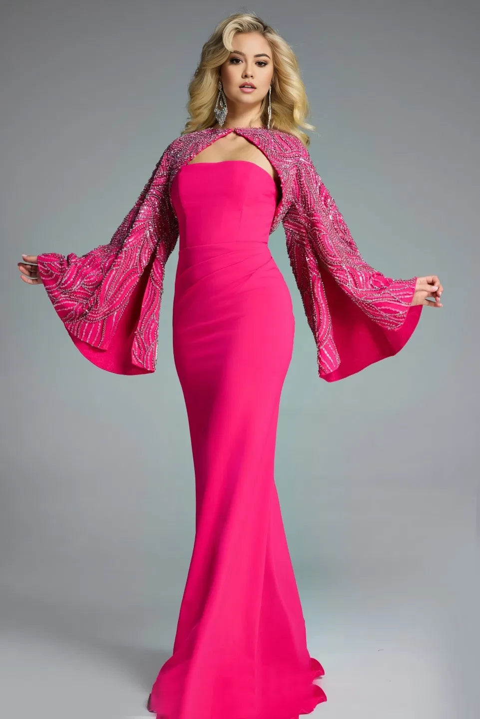 Glamorous Mermaid Strapless Beaded-Cape-Sleeve Long Length Evening Dresses