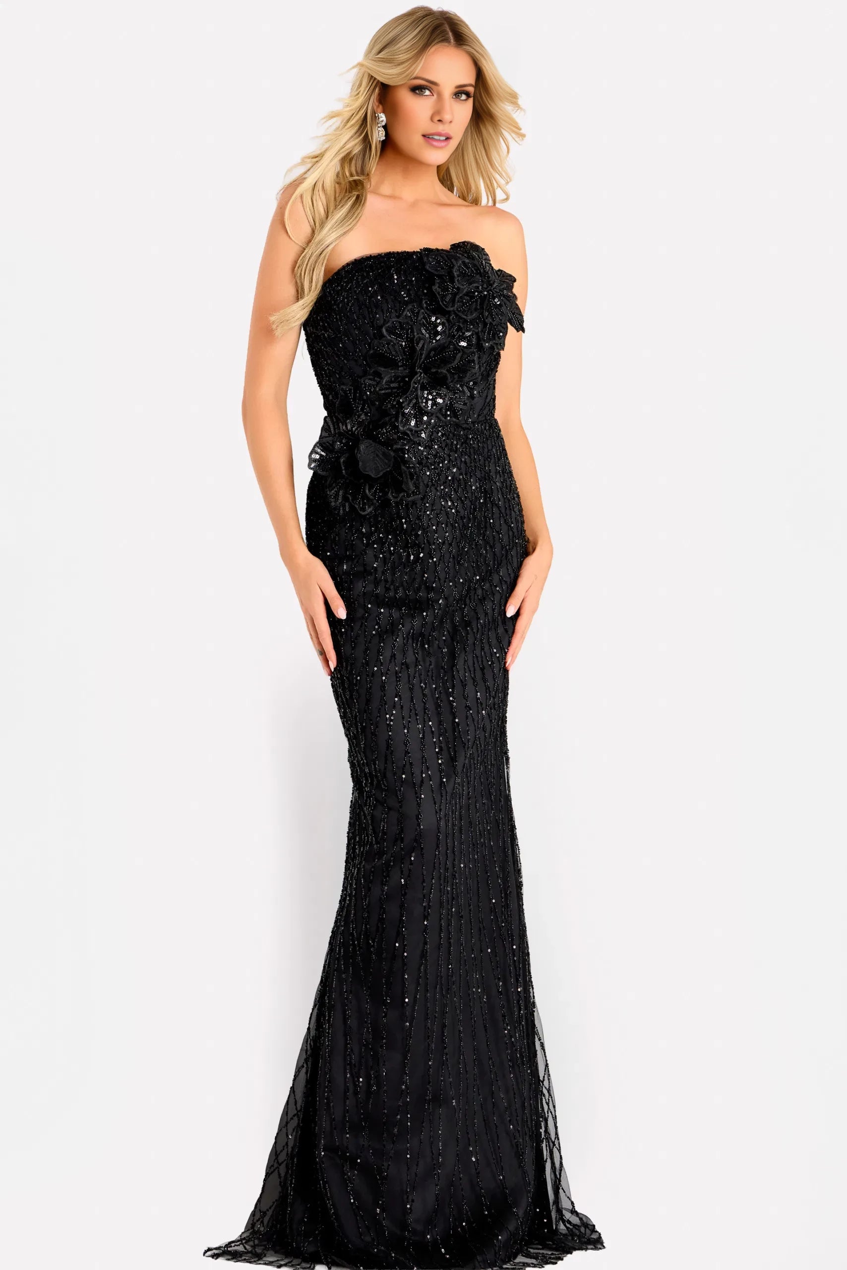 Glamorous Mermaid Strapless Beaded Floral-Accent Long Length Evening Dresses