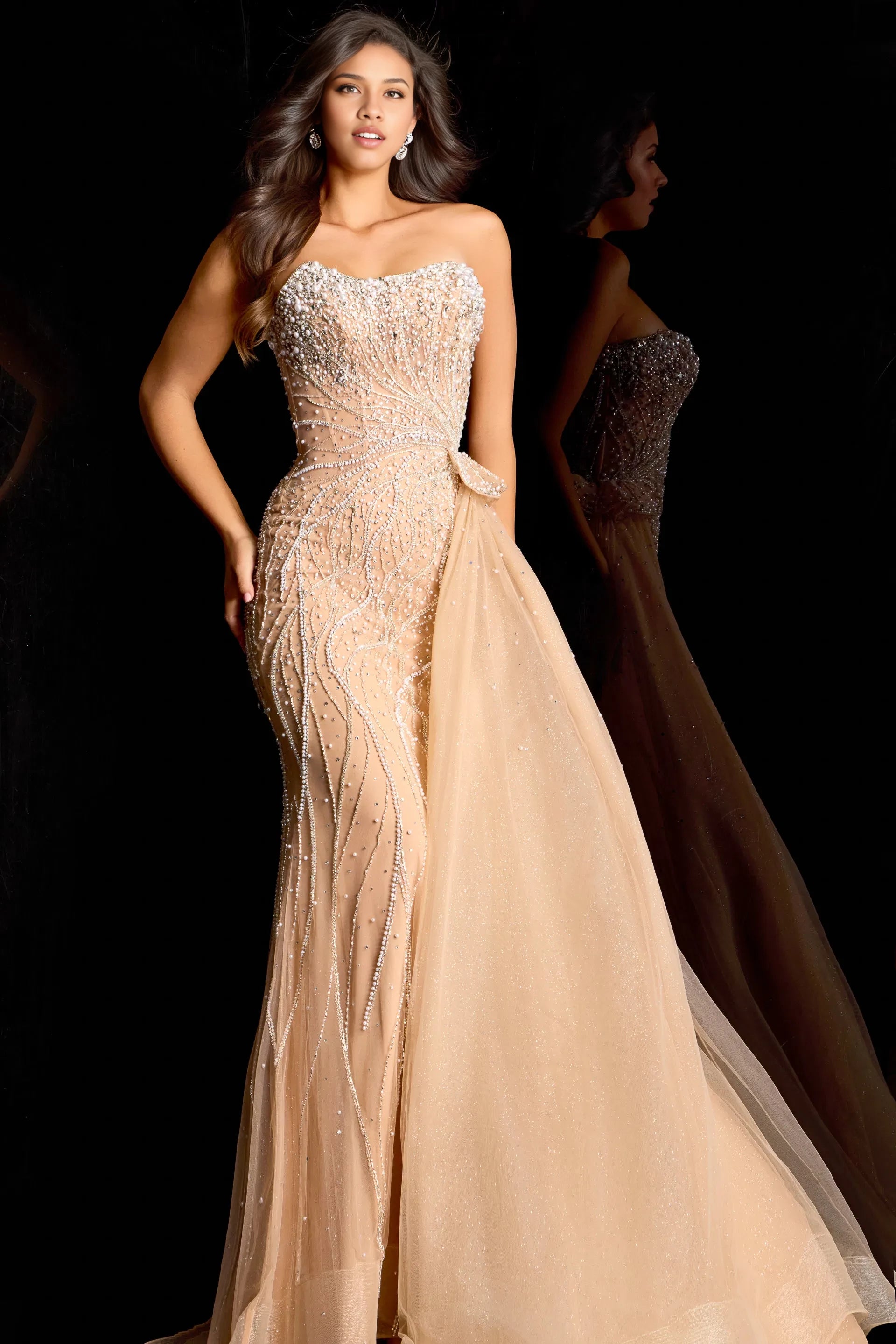 Glamorous Mermaid Strapless Beaded-Sheer Tulle-Accent Long Length Mother of the Bride Dresses