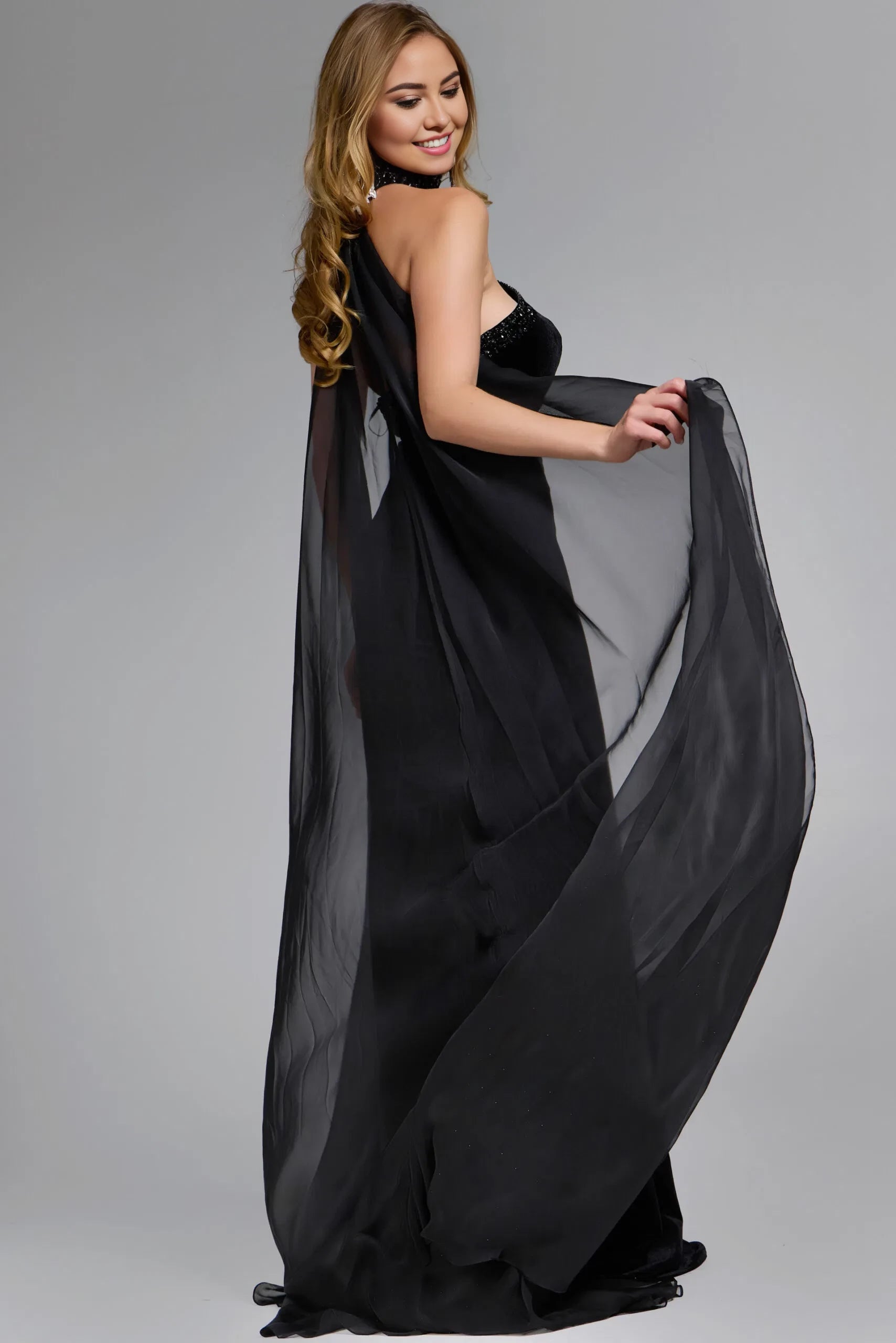 Glamorous Mermaid Strapless Beaded-Velvet Chiffon-Cape Long Length Evening Dresses