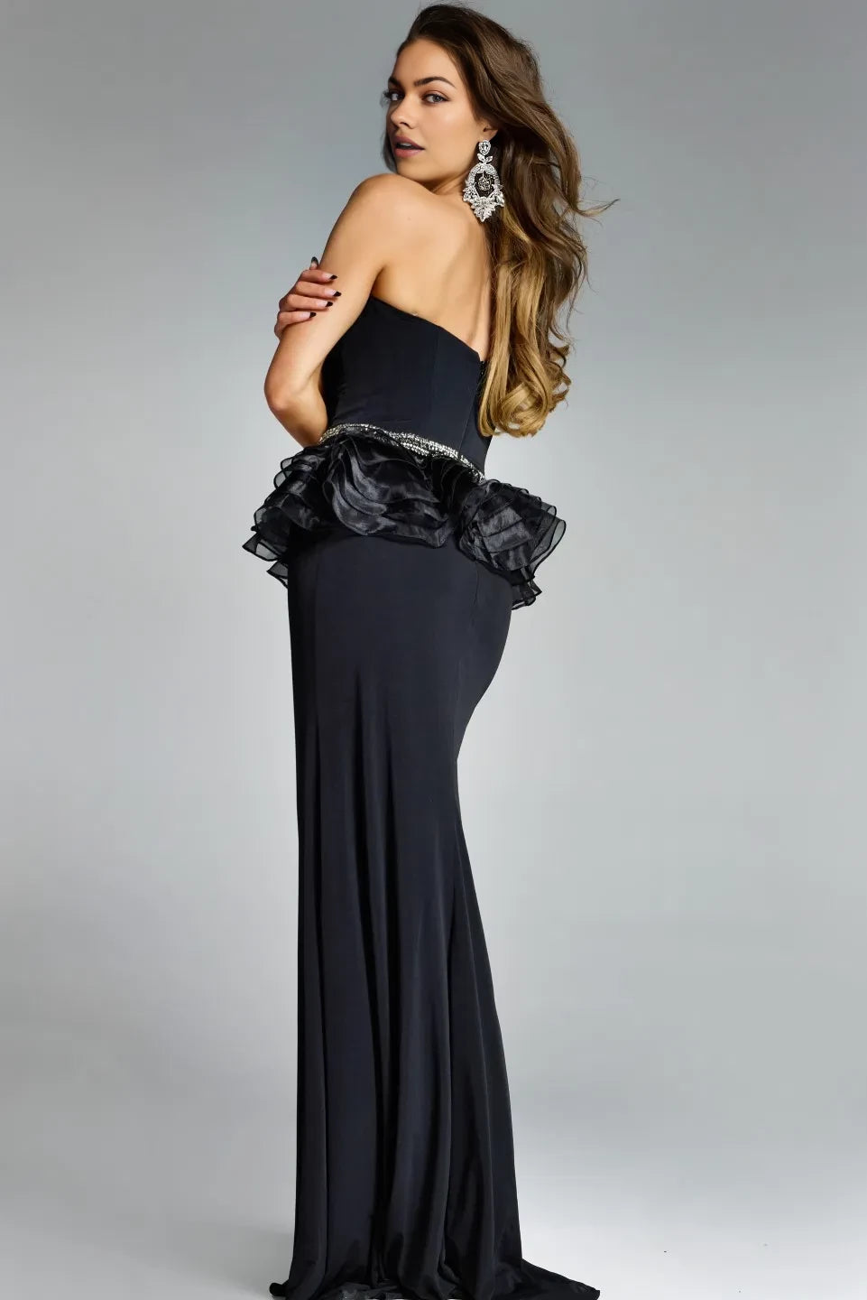 Glamorous Mermaid Strapless Beaded-Waist Ruffled-Peplum Long Length Evening Dresses