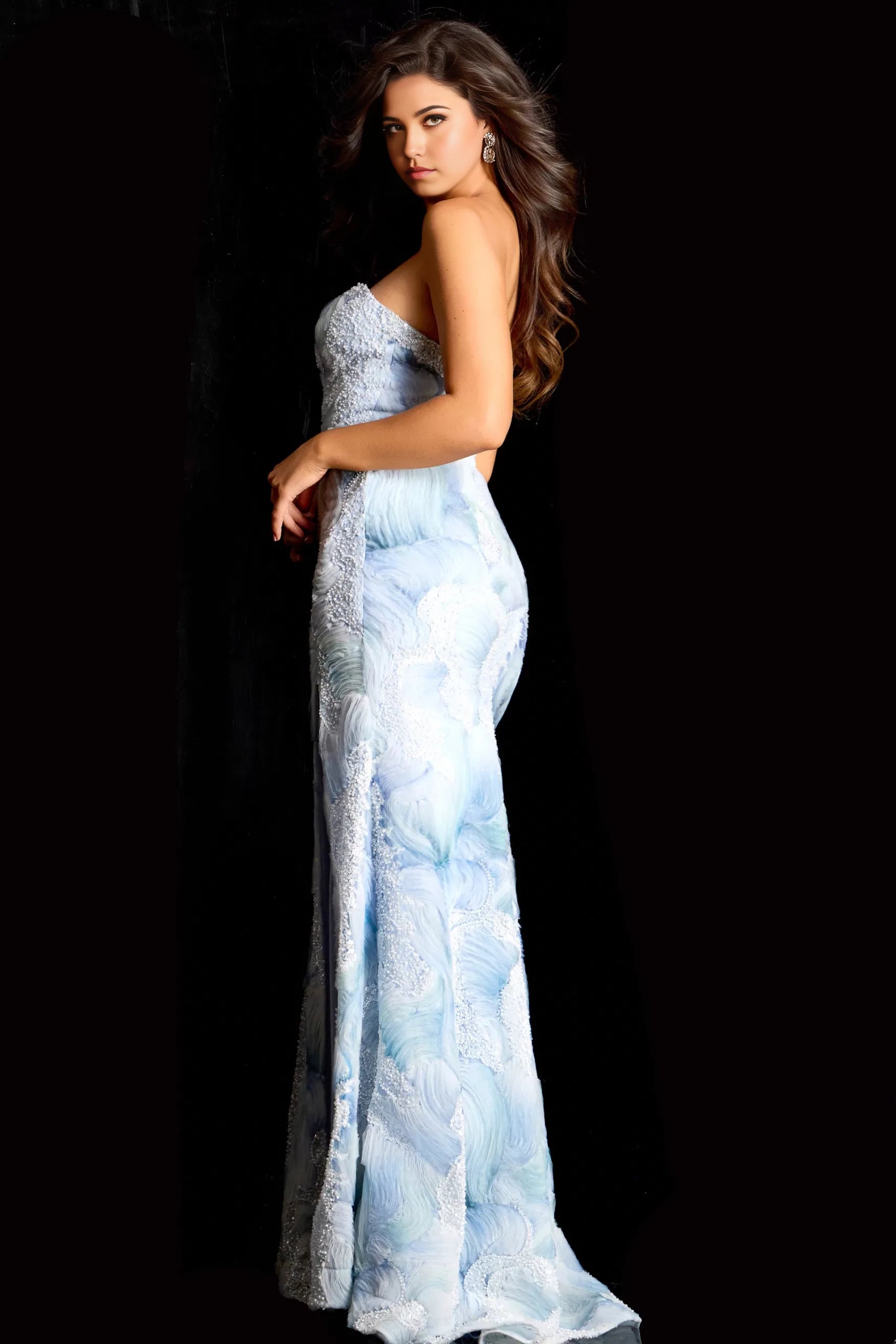 Glamorous Mermaid Strapless Beaded-Wave Print High-Slit Long Length Evening Dresses