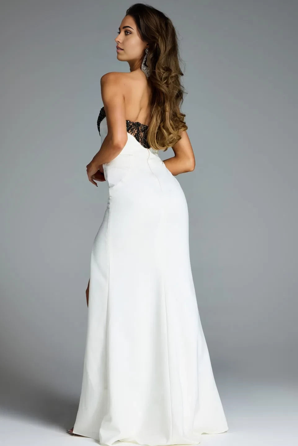 Glamorous Mermaid Strapless Black-Lace-Overlay High-Slit Long Length Evening Dresses