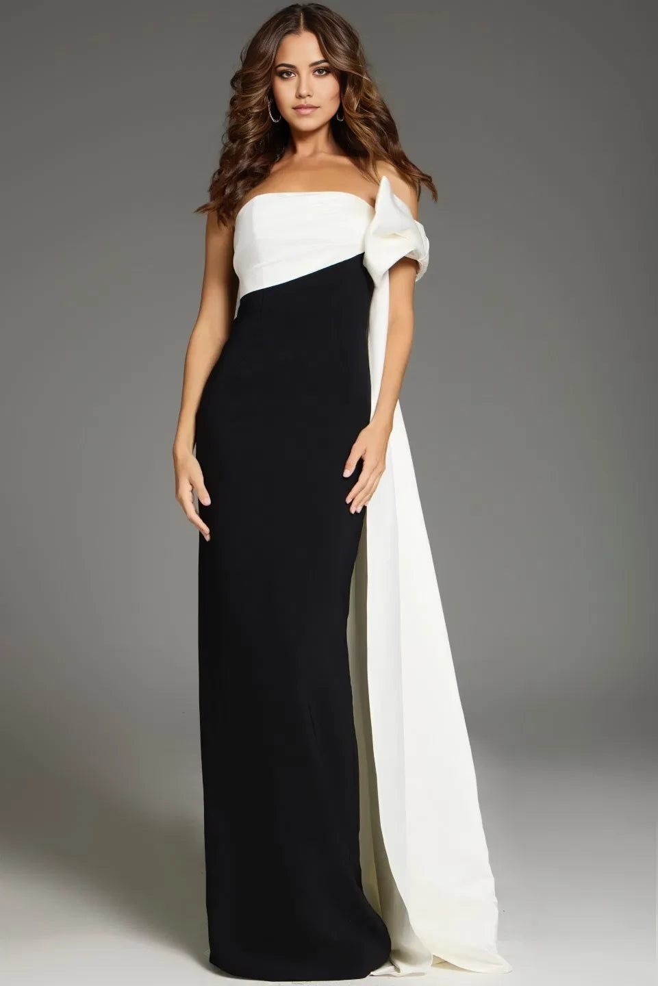 Glamorous Mermaid Strapless Color-Block Oversized Bow Dramatic-Train Long Length Evening Dresses