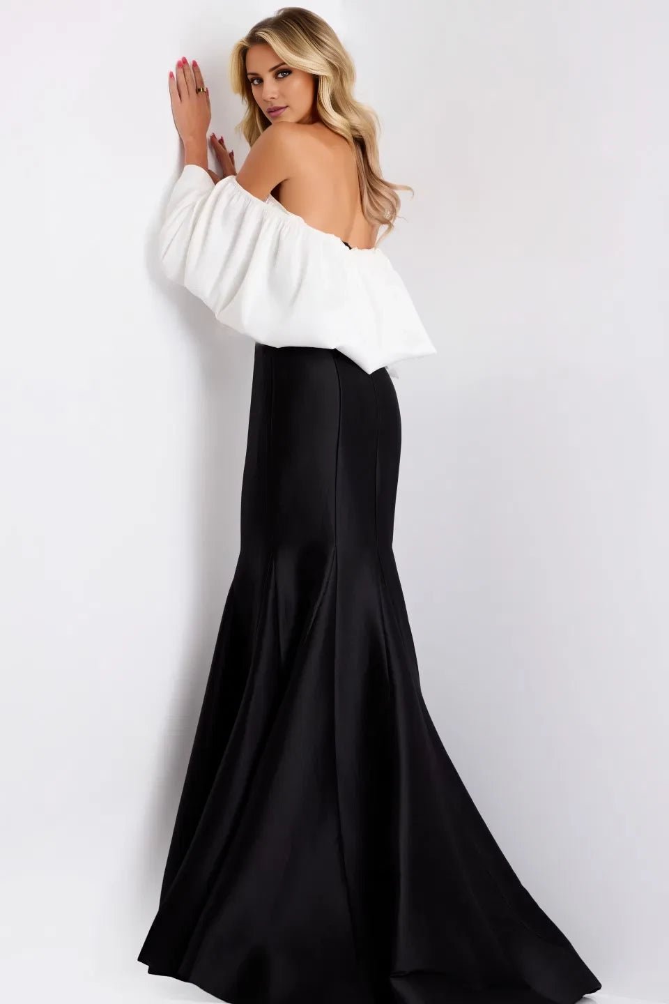 Glamorous Mermaid Strapless Contrast-Puff-Sleeve Long Length Evening Dresses