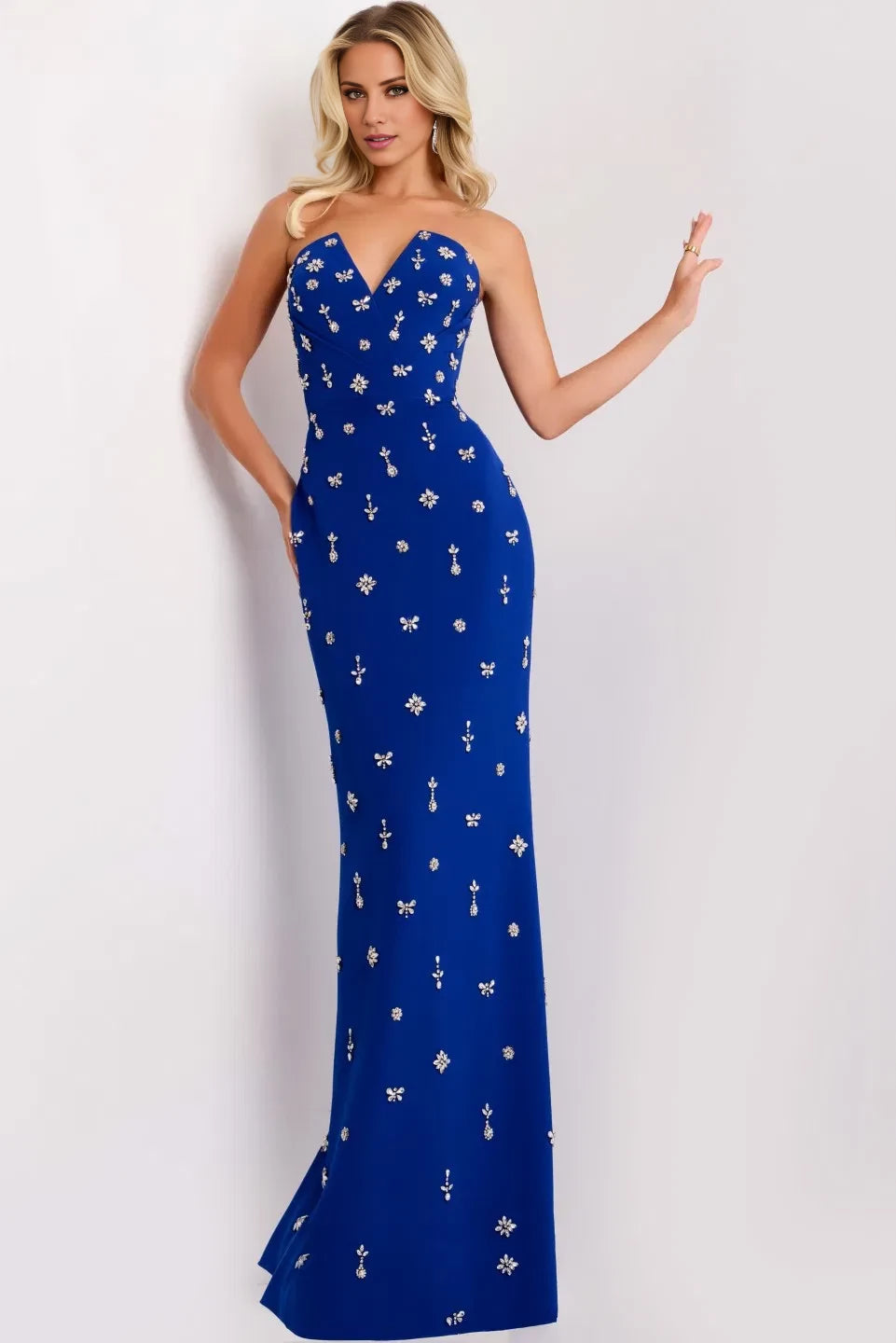 Glamorous Mermaid Strapless Crystal-Floral-Accent High-Slit Open-Back Long Length Evening Dresses